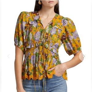 FARM RIO Capri Floral Mustard Short Sleeve V Neck Blouse medium N without tags
